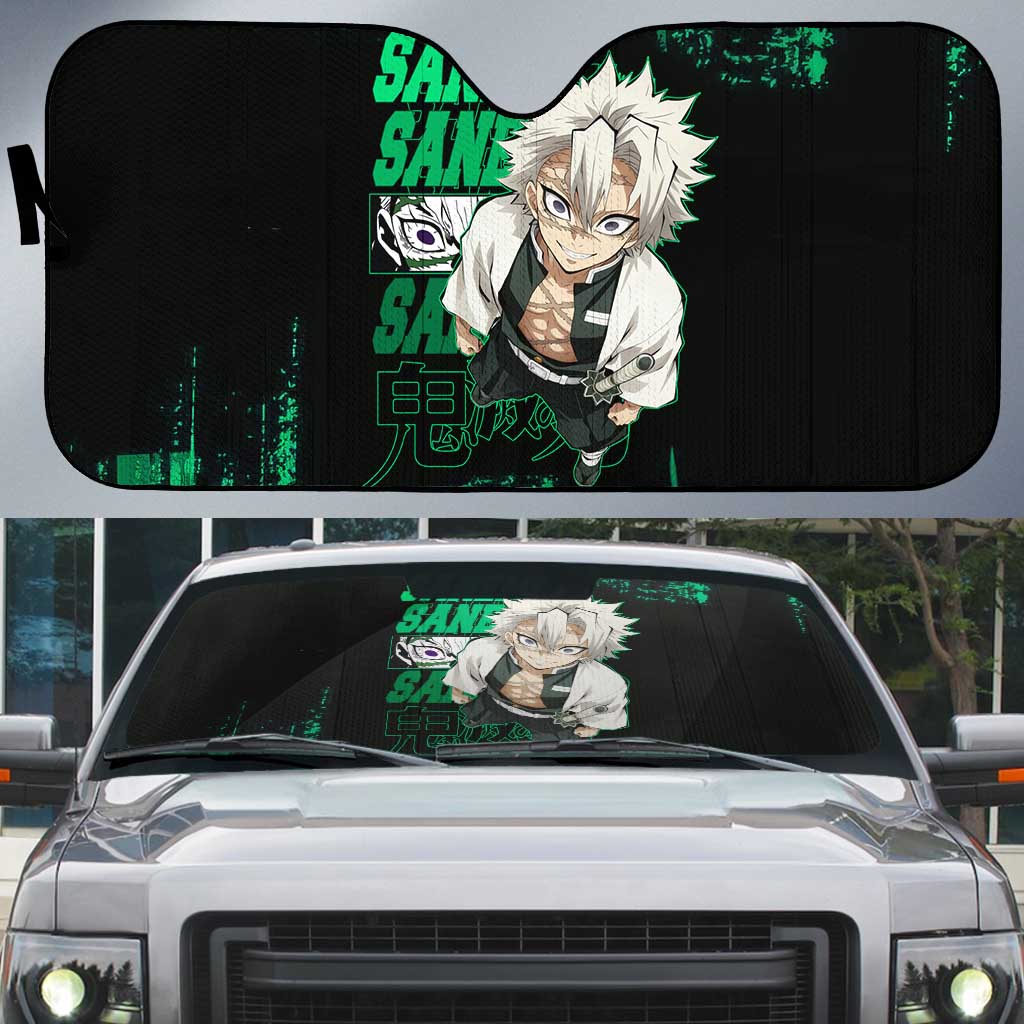 Sanemi Shinazugawa Demon Slayer Green and Black Grunge Auto Sun Shade Design with Intense Eyes and Wind Hashira Theme - The Mazicc