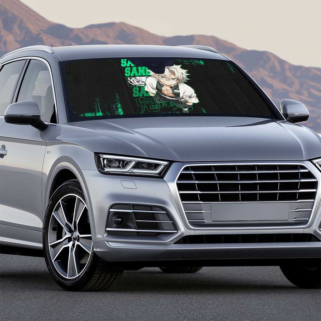 Sanemi Shinazugawa Demon Slayer Green and Black Grunge Auto Sun Shade Design with Intense Eyes and Wind Hashira Theme - The Mazicc