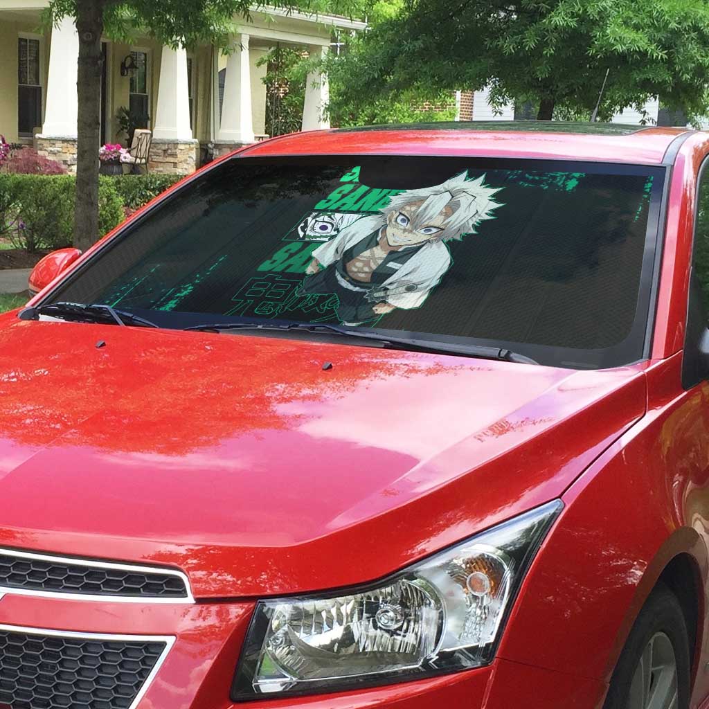 Sanemi Shinazugawa Demon Slayer Green and Black Grunge Auto Sun Shade Design with Intense Eyes and Wind Hashira Theme - The Mazicc