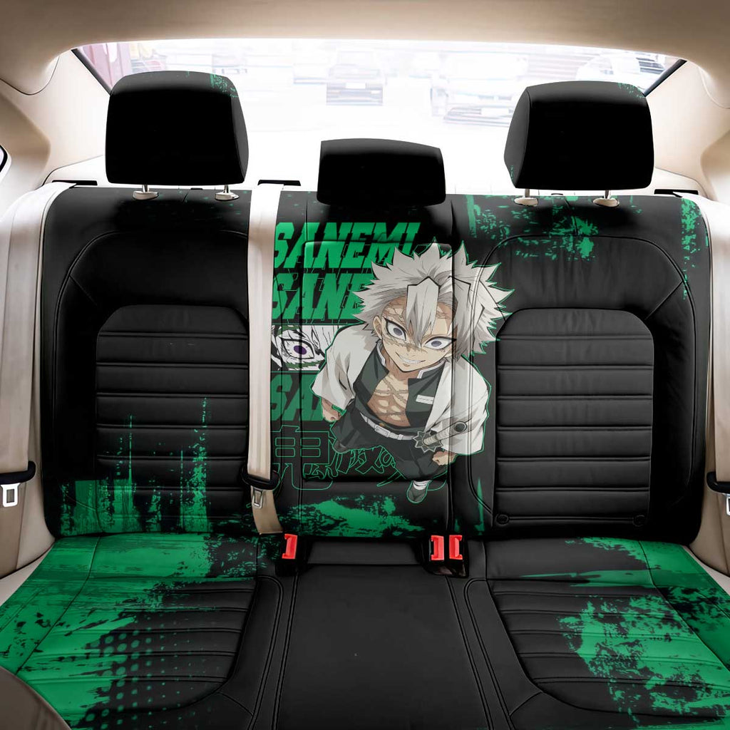 Sanemi Shinazugawa Demon Slayer Green and Black Grunge Back Car Seat Cover Design with Intense Eyes and Wind Hashira Theme - The Mazicc