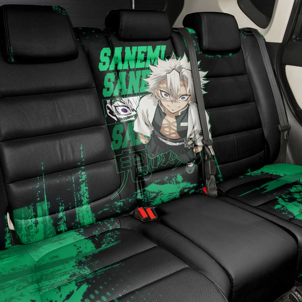 Sanemi Shinazugawa Demon Slayer Green and Black Grunge Back Car Seat Cover Design with Intense Eyes and Wind Hashira Theme - The Mazicc