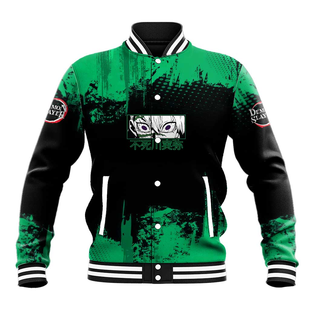 Sanemi Shinazugawa Demon Slayer Green and Black Grunge Baseball Jacket Design with Intense Eyes and Wind Hashira Theme - The Mazicc