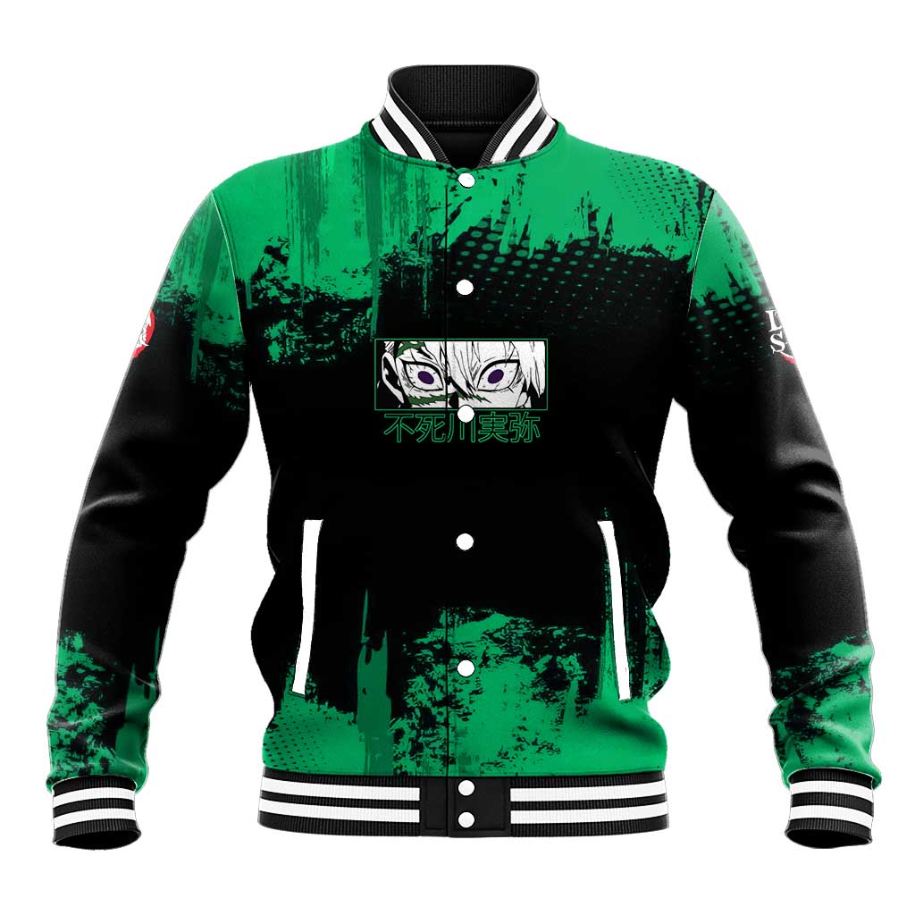 Sanemi Shinazugawa Demon Slayer Green and Black Grunge Baseball Jacket Design with Intense Eyes and Wind Hashira Theme - The Mazicc