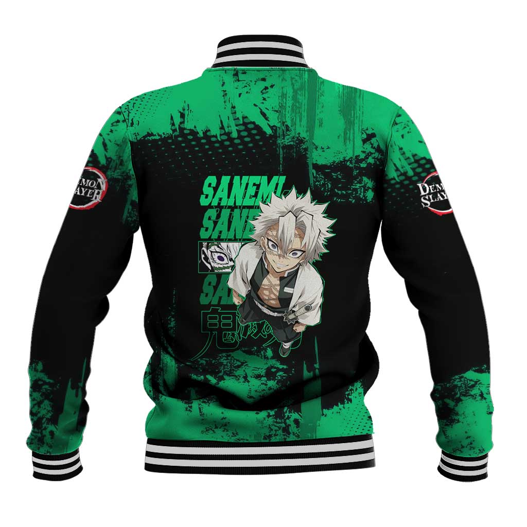 Sanemi Shinazugawa Demon Slayer Green and Black Grunge Baseball Jacket Design with Intense Eyes and Wind Hashira Theme - The Mazicc