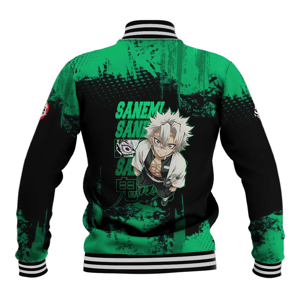 Sanemi Shinazugawa Demon Slayer Green and Black Grunge Baseball Jacket Design with Intense Eyes and Wind Hashira Theme - The Mazicc