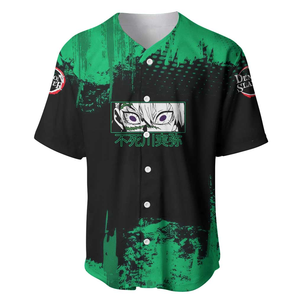 Sanemi Shinazugawa Demon Slayer Green and Black Grunge Baseball Jersey Design with Intense Eyes and Wind Hashira Theme - The Mazicc