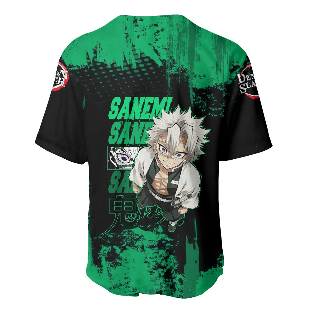 Sanemi Shinazugawa Demon Slayer Green and Black Grunge Baseball Jersey Design with Intense Eyes and Wind Hashira Theme - The Mazicc
