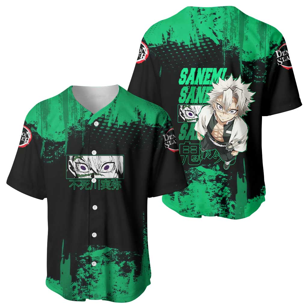 Sanemi Shinazugawa Demon Slayer Green and Black Grunge Baseball Jersey Design with Intense Eyes and Wind Hashira Theme - The Mazicc