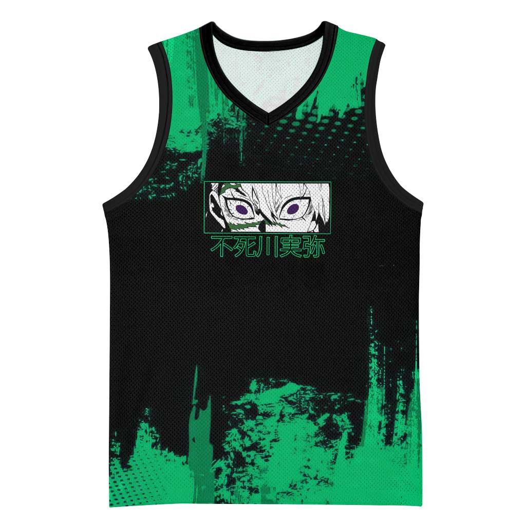 Sanemi Shinazugawa Demon Slayer Green and Black Grunge Basketball Jersey Design with Intense Eyes and Wind Hashira Theme - The Mazicc