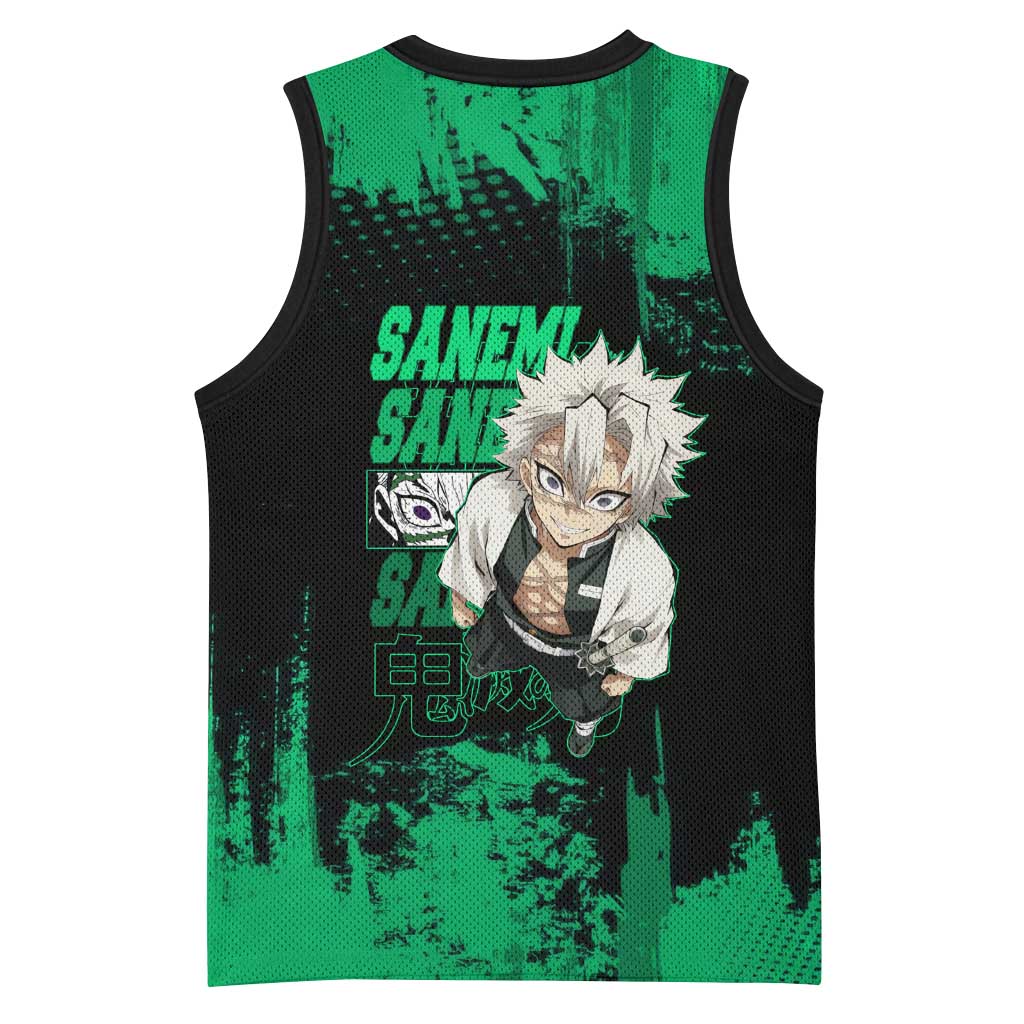 Sanemi Shinazugawa Demon Slayer Green and Black Grunge Basketball Jersey Design with Intense Eyes and Wind Hashira Theme - The Mazicc
