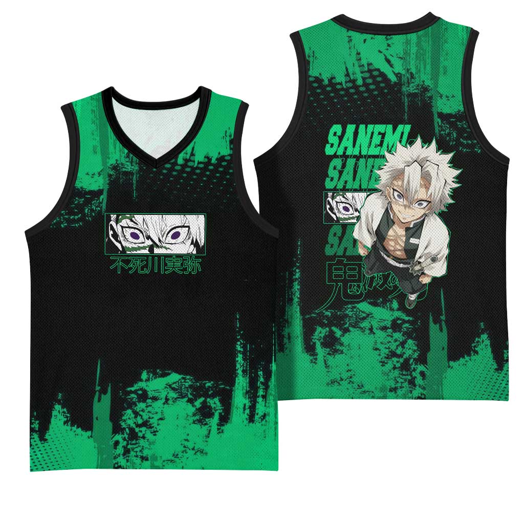 Sanemi Shinazugawa Demon Slayer Green and Black Grunge Basketball Jersey Design with Intense Eyes and Wind Hashira Theme - The Mazicc