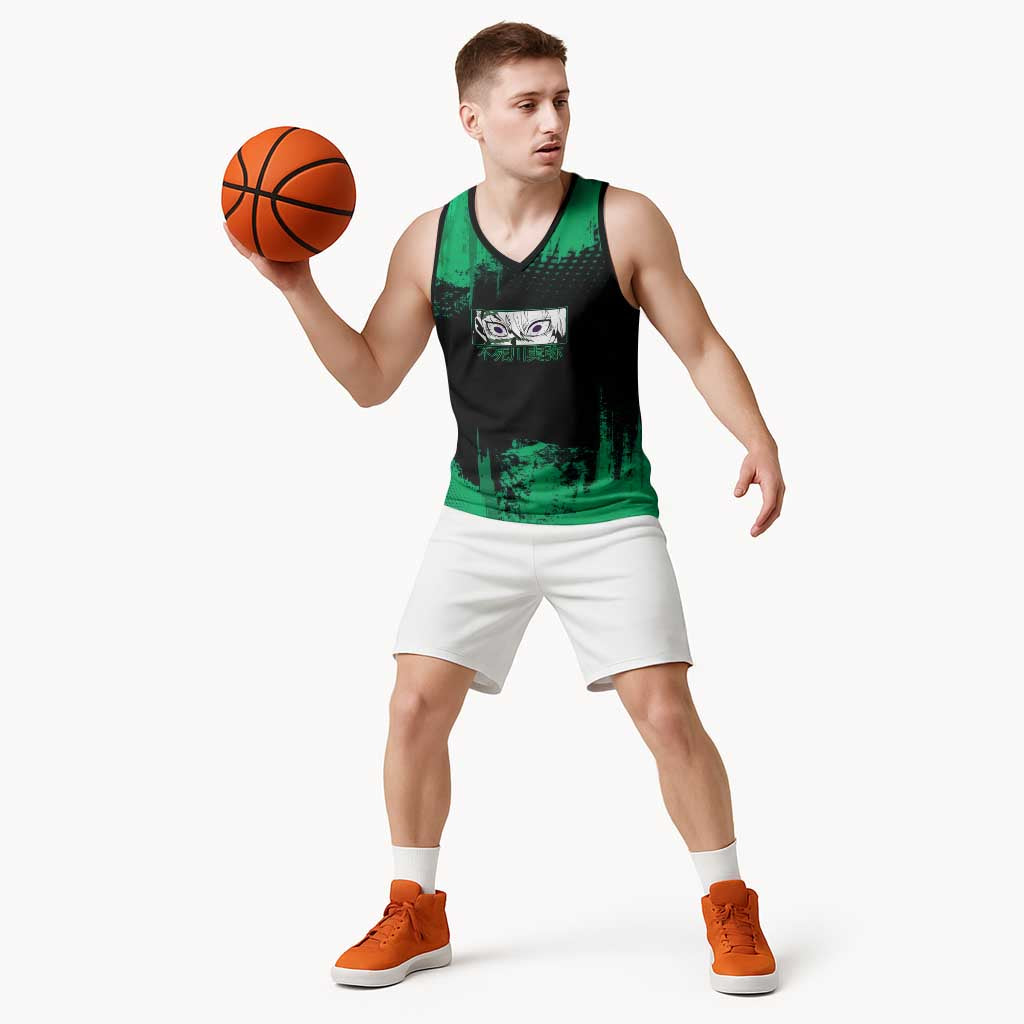 Sanemi Shinazugawa Demon Slayer Green and Black Grunge Basketball Jersey Design with Intense Eyes and Wind Hashira Theme - The Mazicc