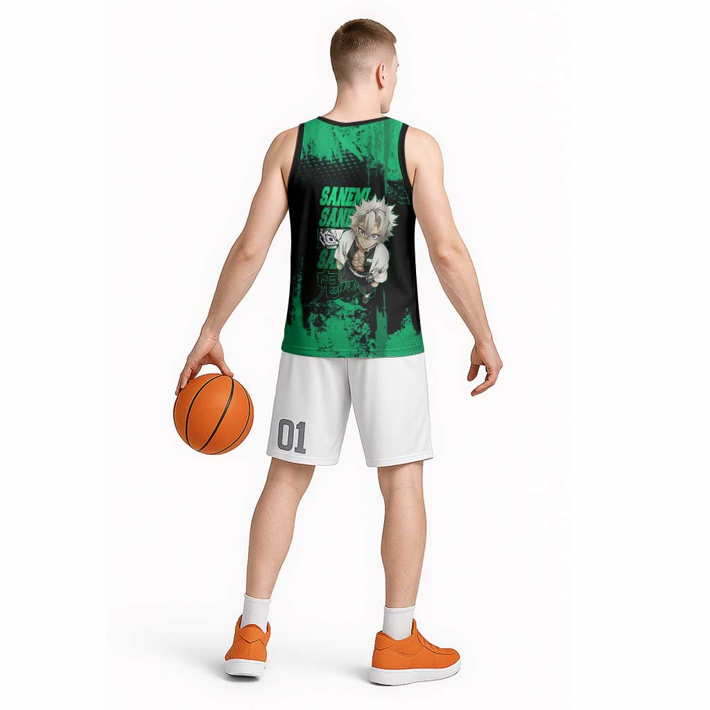 Sanemi Shinazugawa Demon Slayer Green and Black Grunge Basketball Jersey Design with Intense Eyes and Wind Hashira Theme - The Mazicc