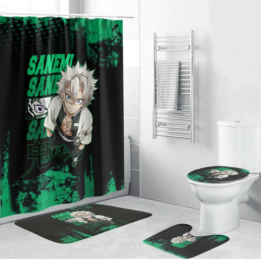 Sanemi Shinazugawa Demon Slayer Green and Black Grunge Bathroom Set Design with Intense Eyes and Wind Hashira Theme - The Mazicc