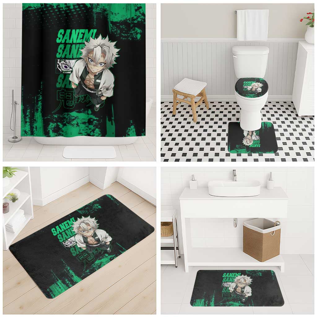 Sanemi Shinazugawa Demon Slayer Green and Black Grunge Bathroom Set Design with Intense Eyes and Wind Hashira Theme - The Mazicc