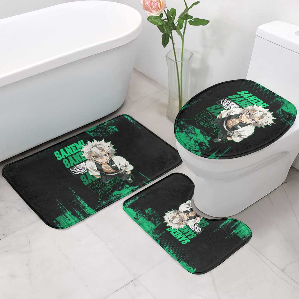 Sanemi Shinazugawa Demon Slayer Green and Black Grunge Bathroom Set Design with Intense Eyes and Wind Hashira Theme - The Mazicc
