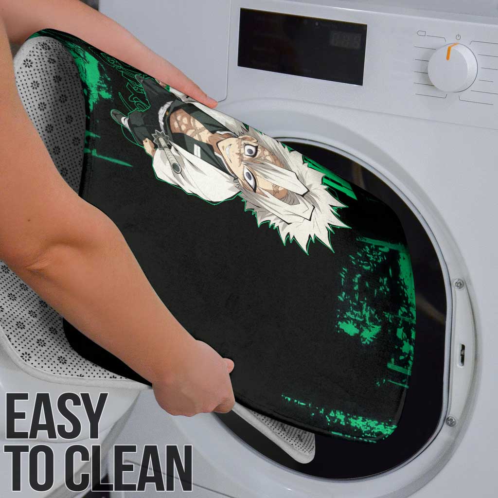 Sanemi Shinazugawa Demon Slayer Green and Black Grunge Bathroom Set Design with Intense Eyes and Wind Hashira Theme - The Mazicc