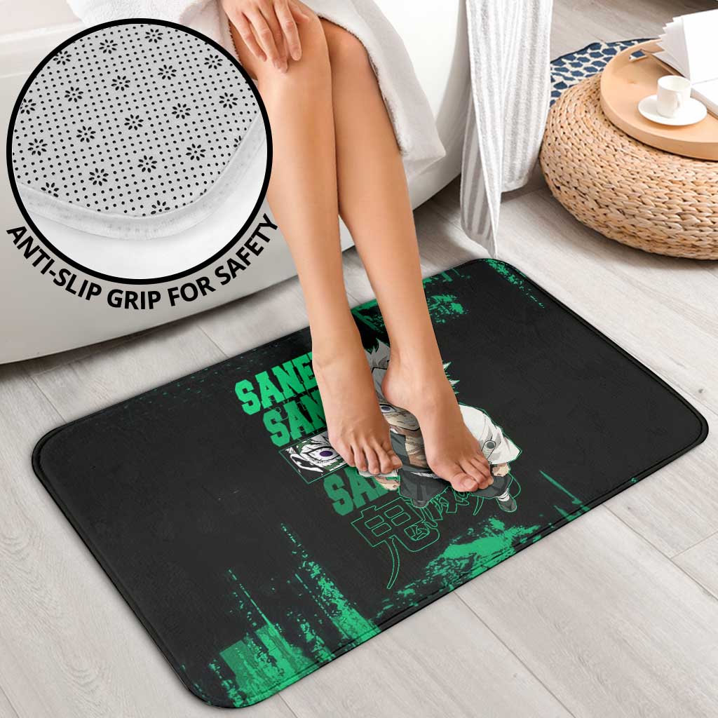Sanemi Shinazugawa Demon Slayer Green and Black Grunge Bathroom Set Design with Intense Eyes and Wind Hashira Theme - The Mazicc
