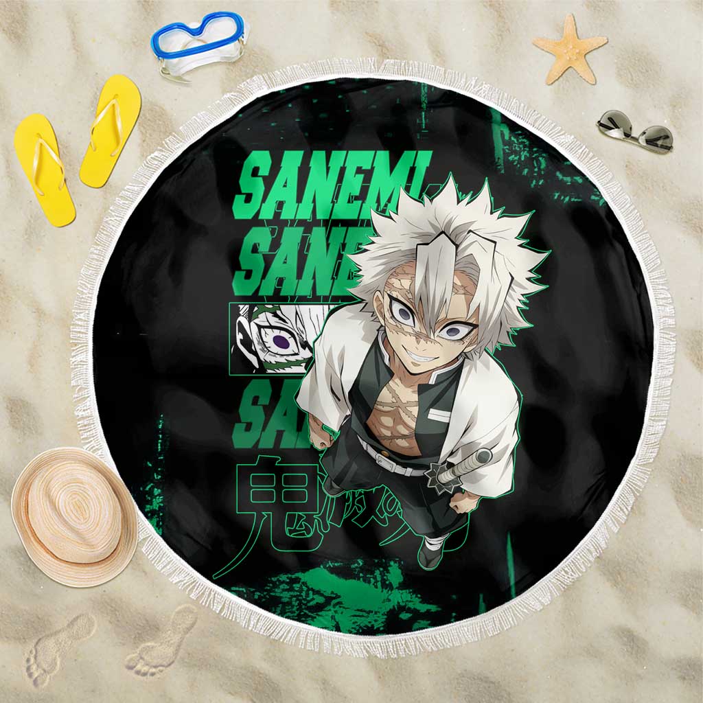 Sanemi Shinazugawa Demon Slayer Green and Black Grunge Beach Blanket Design with Intense Eyes and Wind Hashira Theme - The Mazicc