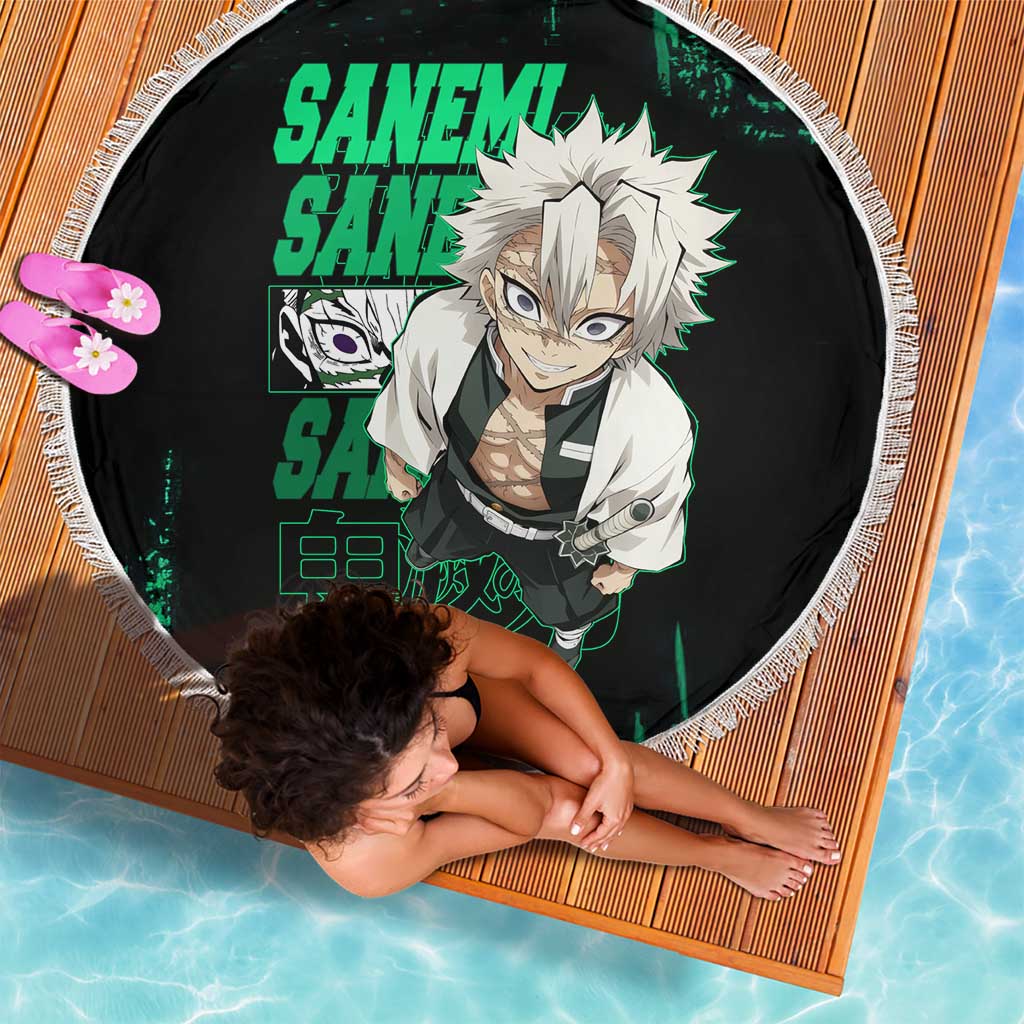 Sanemi Shinazugawa Demon Slayer Green and Black Grunge Beach Blanket Design with Intense Eyes and Wind Hashira Theme - The Mazicc