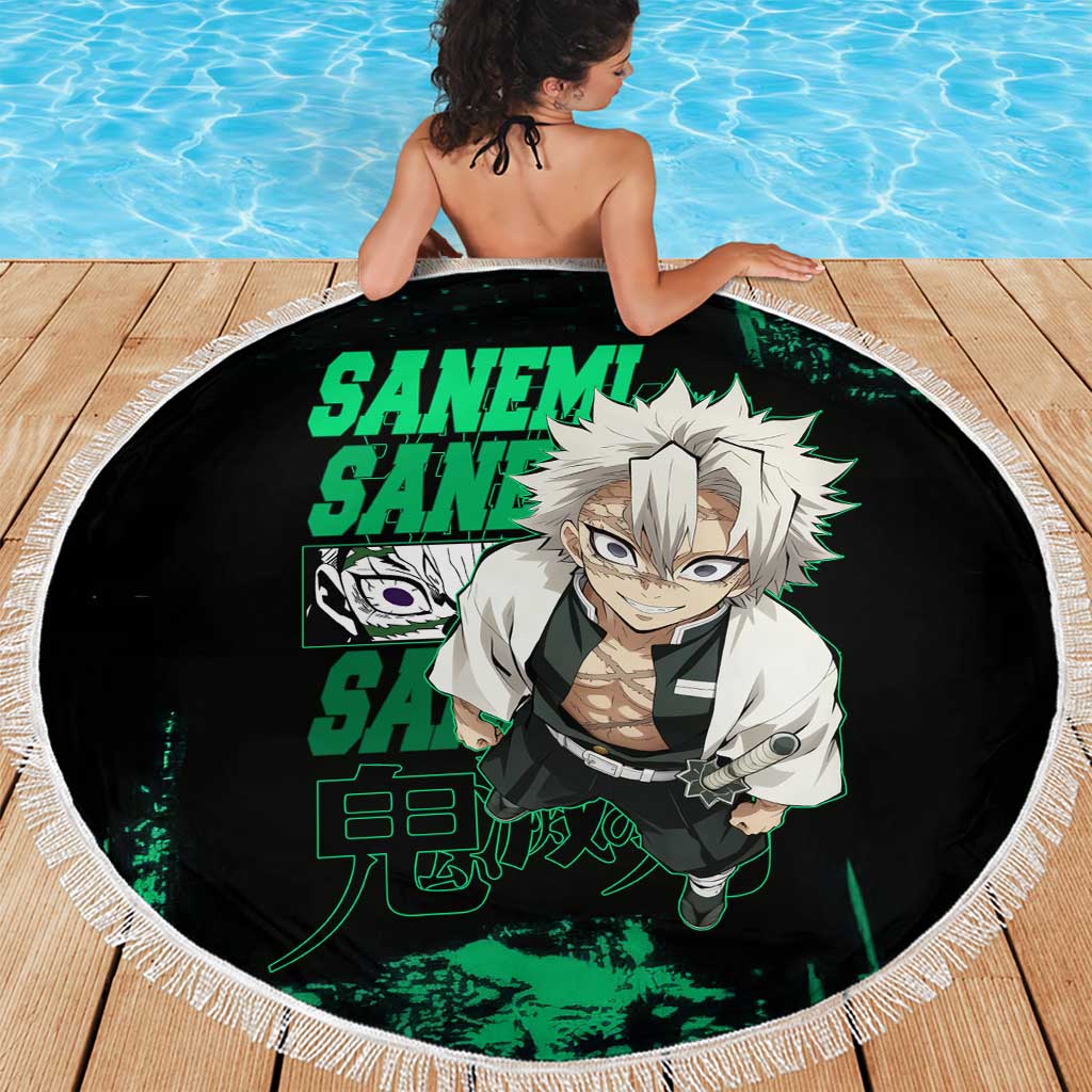 Sanemi Shinazugawa Demon Slayer Green and Black Grunge Beach Blanket Design with Intense Eyes and Wind Hashira Theme - The Mazicc