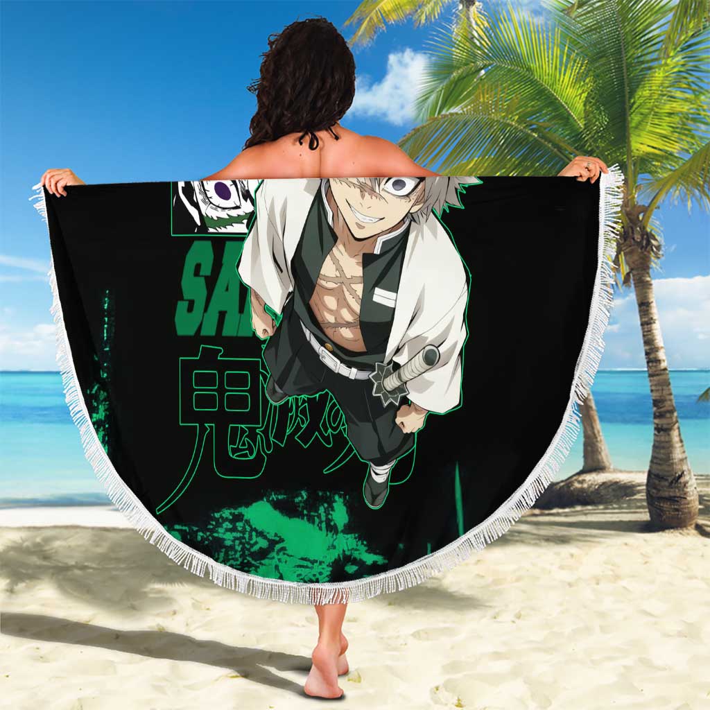 Sanemi Shinazugawa Demon Slayer Green and Black Grunge Beach Blanket Design with Intense Eyes and Wind Hashira Theme - The Mazicc