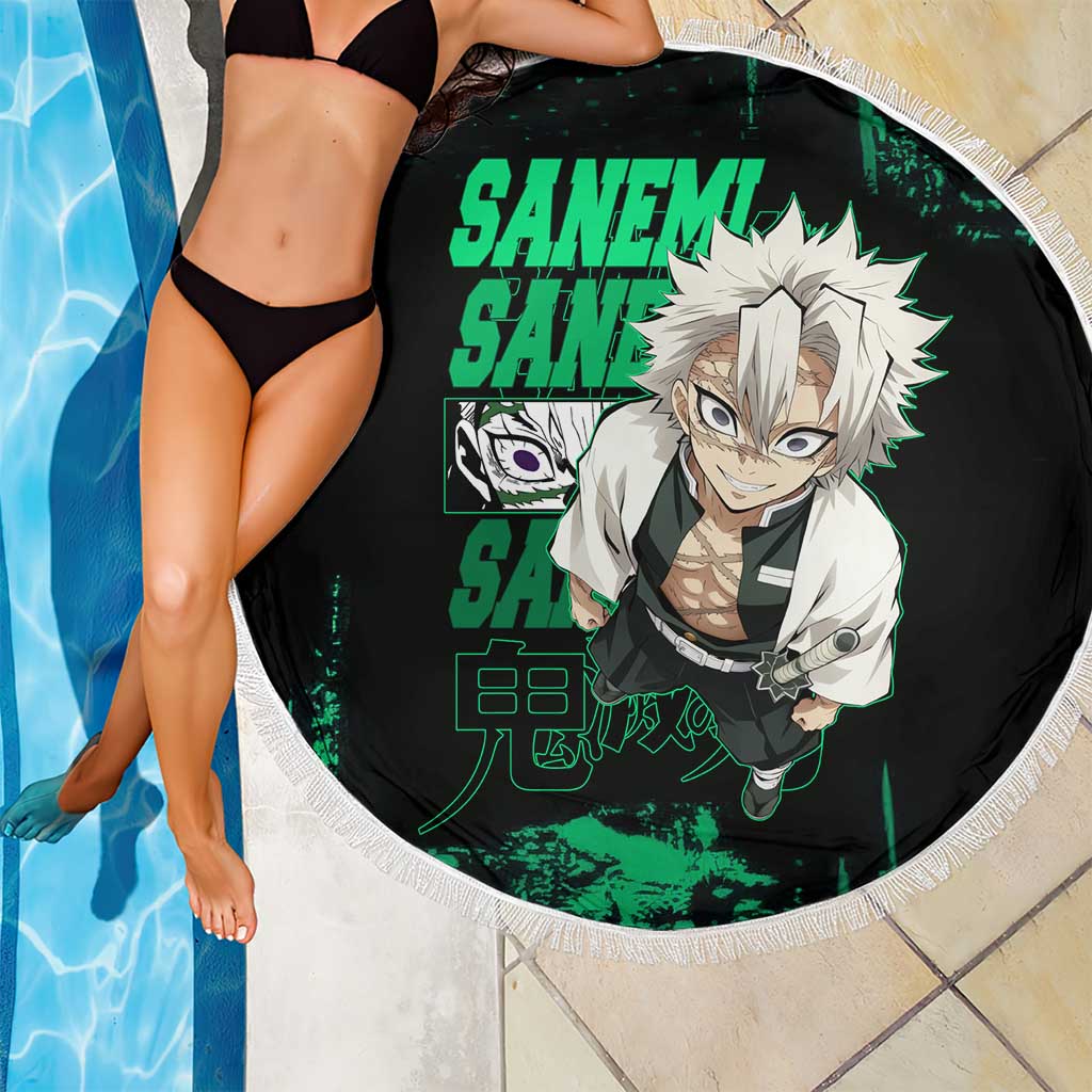 Sanemi Shinazugawa Demon Slayer Green and Black Grunge Beach Blanket Design with Intense Eyes and Wind Hashira Theme - The Mazicc