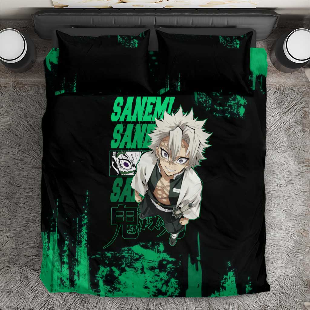 Sanemi Shinazugawa Demon Slayer Green and Black Grunge Bedding Set Design with Intense Eyes and Wind Hashira Theme - The Mazicc