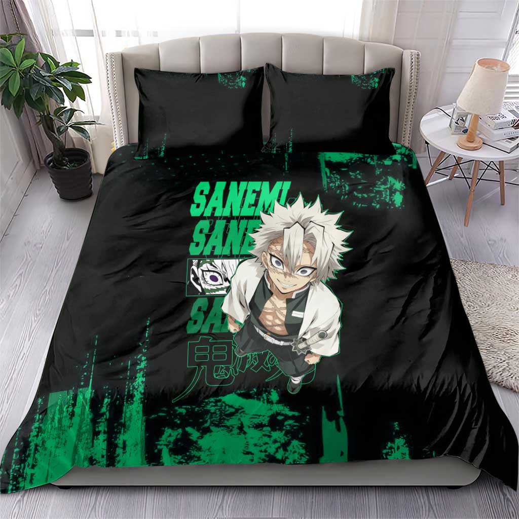 Sanemi Shinazugawa Demon Slayer Green and Black Grunge Bedding Set Design with Intense Eyes and Wind Hashira Theme - The Mazicc