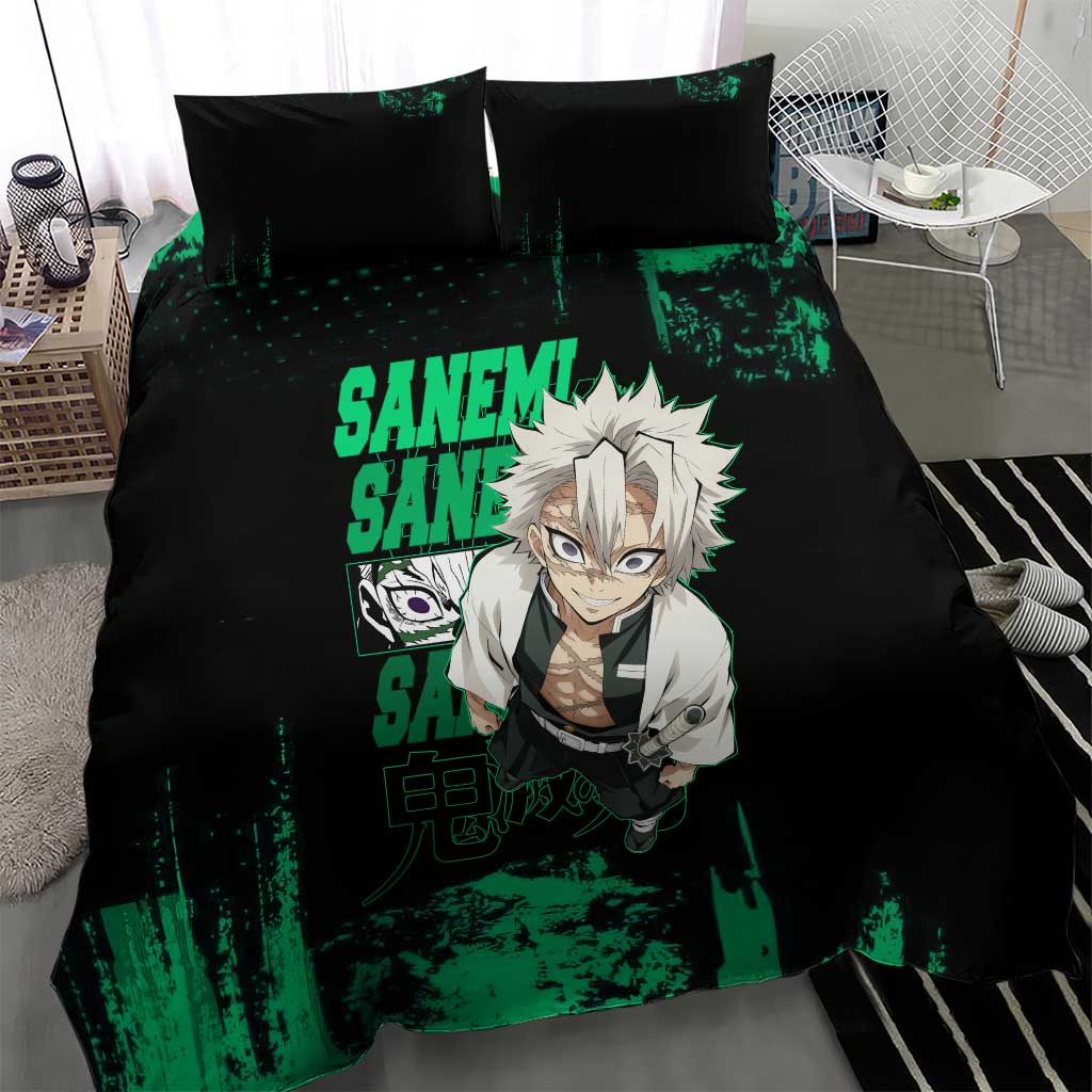 Sanemi Shinazugawa Demon Slayer Green and Black Grunge Bedding Set Design with Intense Eyes and Wind Hashira Theme - The Mazicc
