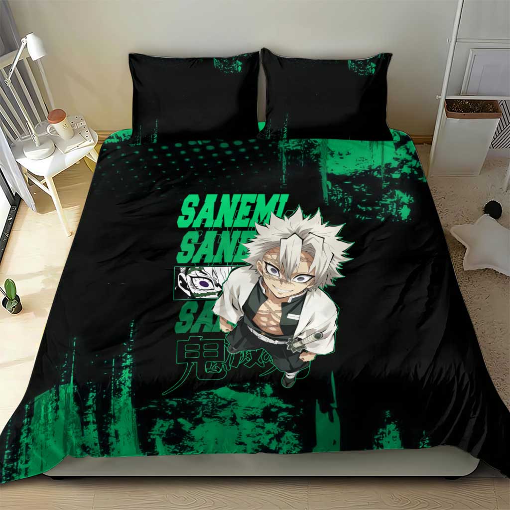 Sanemi Shinazugawa Demon Slayer Green and Black Grunge Bedding Set Design with Intense Eyes and Wind Hashira Theme - The Mazicc