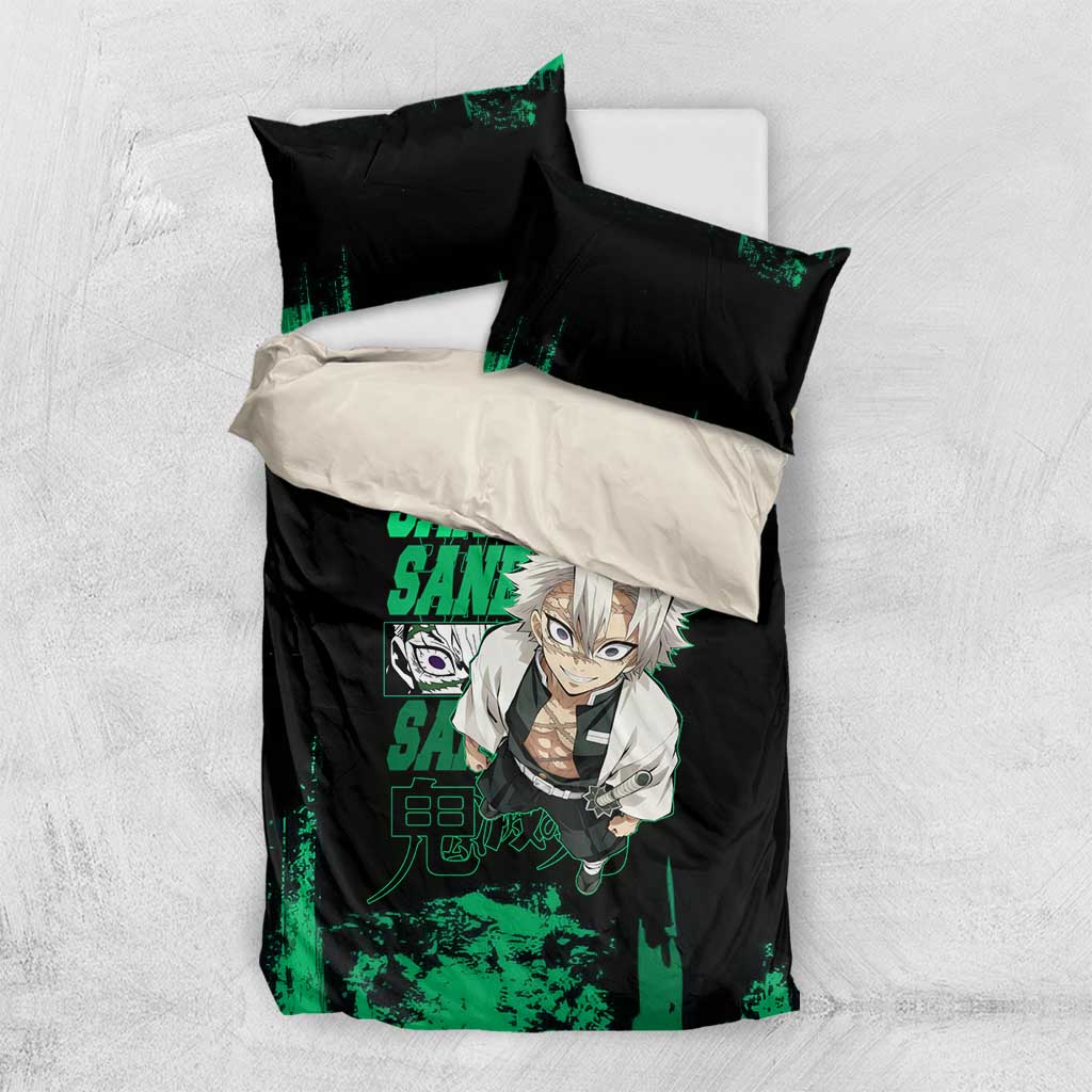 Sanemi Shinazugawa Demon Slayer Green and Black Grunge Bedding Set Design with Intense Eyes and Wind Hashira Theme - The Mazicc