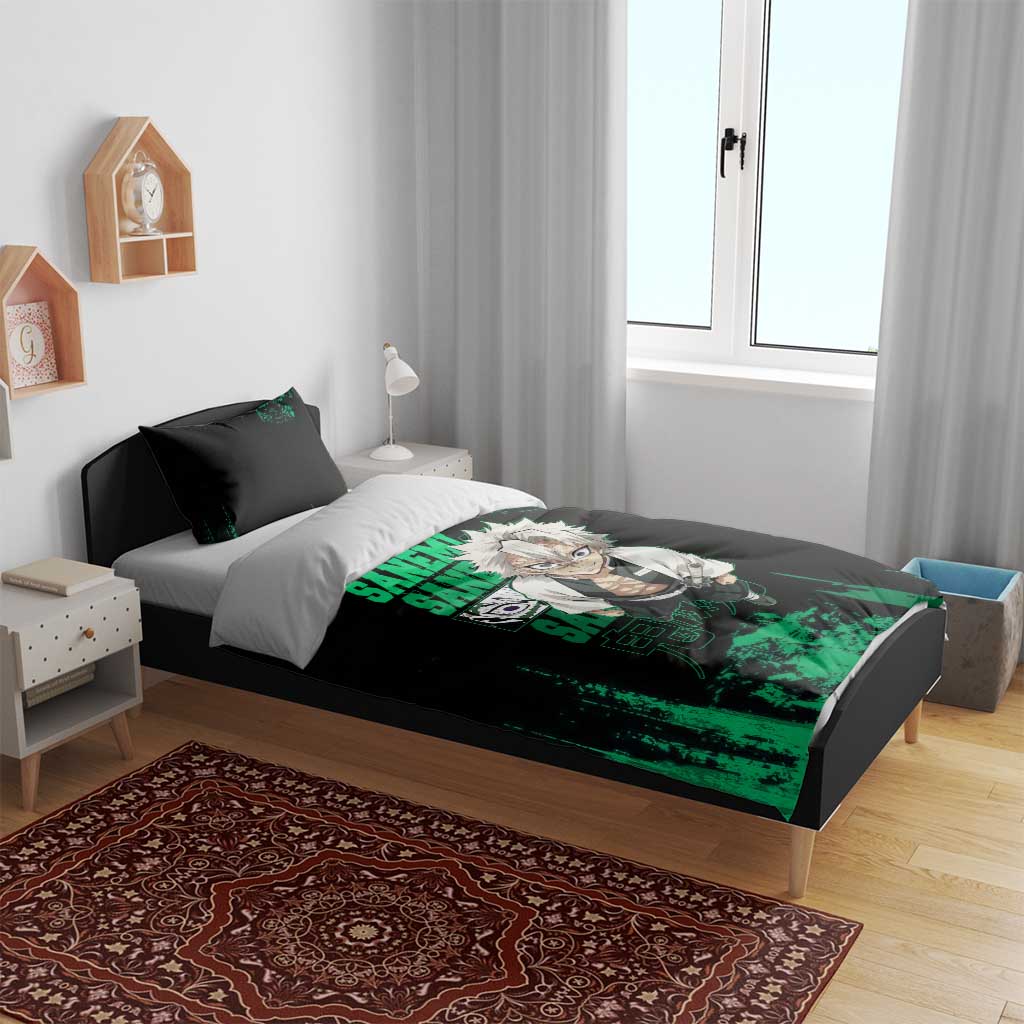 Sanemi Shinazugawa Demon Slayer Green and Black Grunge Bedding Set Design with Intense Eyes and Wind Hashira Theme - The Mazicc