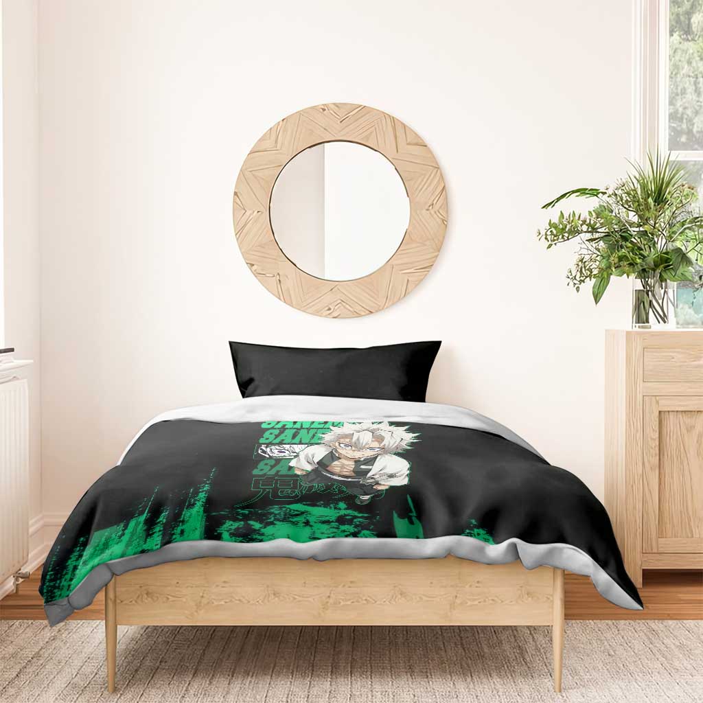 Sanemi Shinazugawa Demon Slayer Green and Black Grunge Bedding Set Design with Intense Eyes and Wind Hashira Theme - The Mazicc