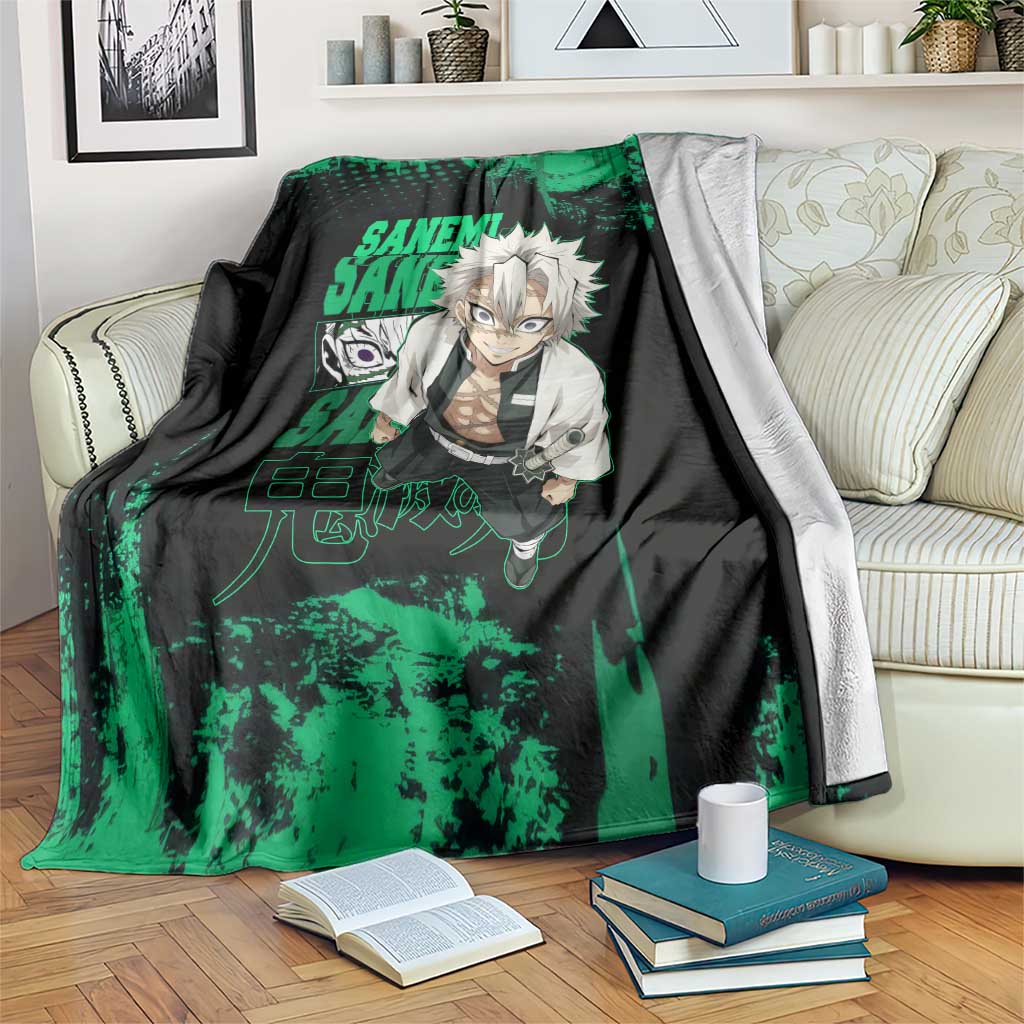 Sanemi Shinazugawa Demon Slayer Green and Black Grunge Blanket Design with Intense Eyes and Wind Hashira Theme - The Mazicc