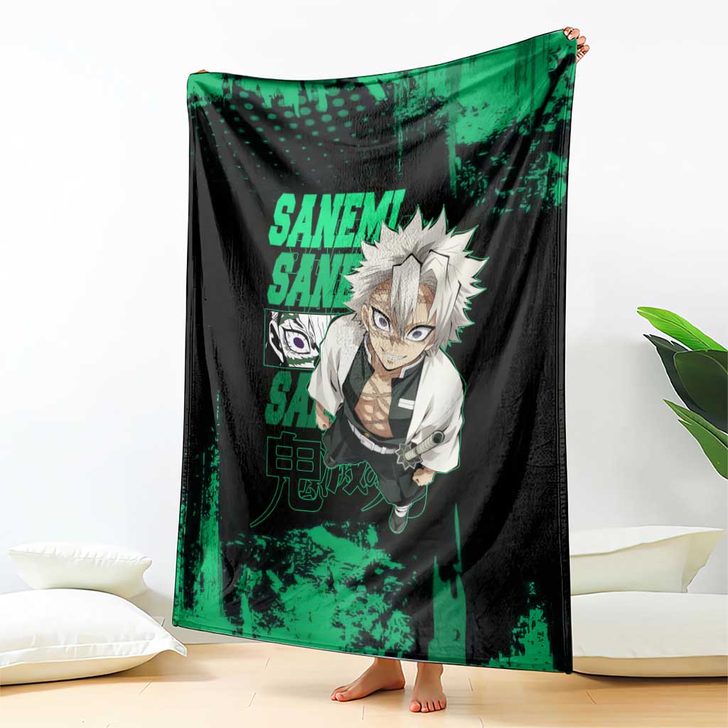 Sanemi Shinazugawa Demon Slayer Green and Black Grunge Blanket Design with Intense Eyes and Wind Hashira Theme - The Mazicc
