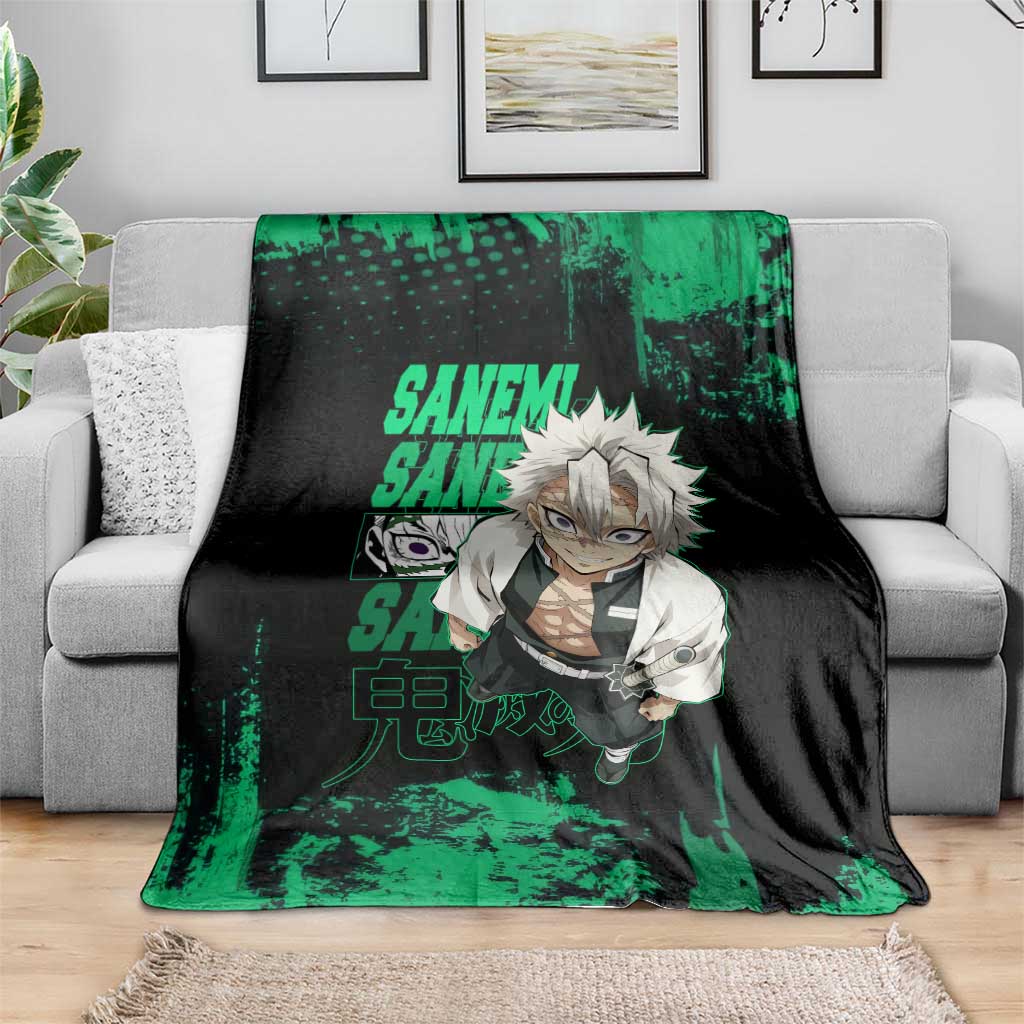 Sanemi Shinazugawa Demon Slayer Green and Black Grunge Blanket Design with Intense Eyes and Wind Hashira Theme - The Mazicc