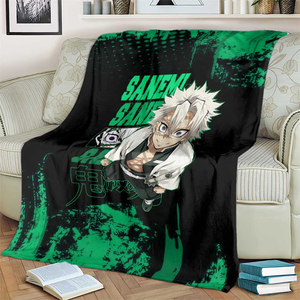 Sanemi Shinazugawa Demon Slayer Green and Black Grunge Blanket Design with Intense Eyes and Wind Hashira Theme - The Mazicc