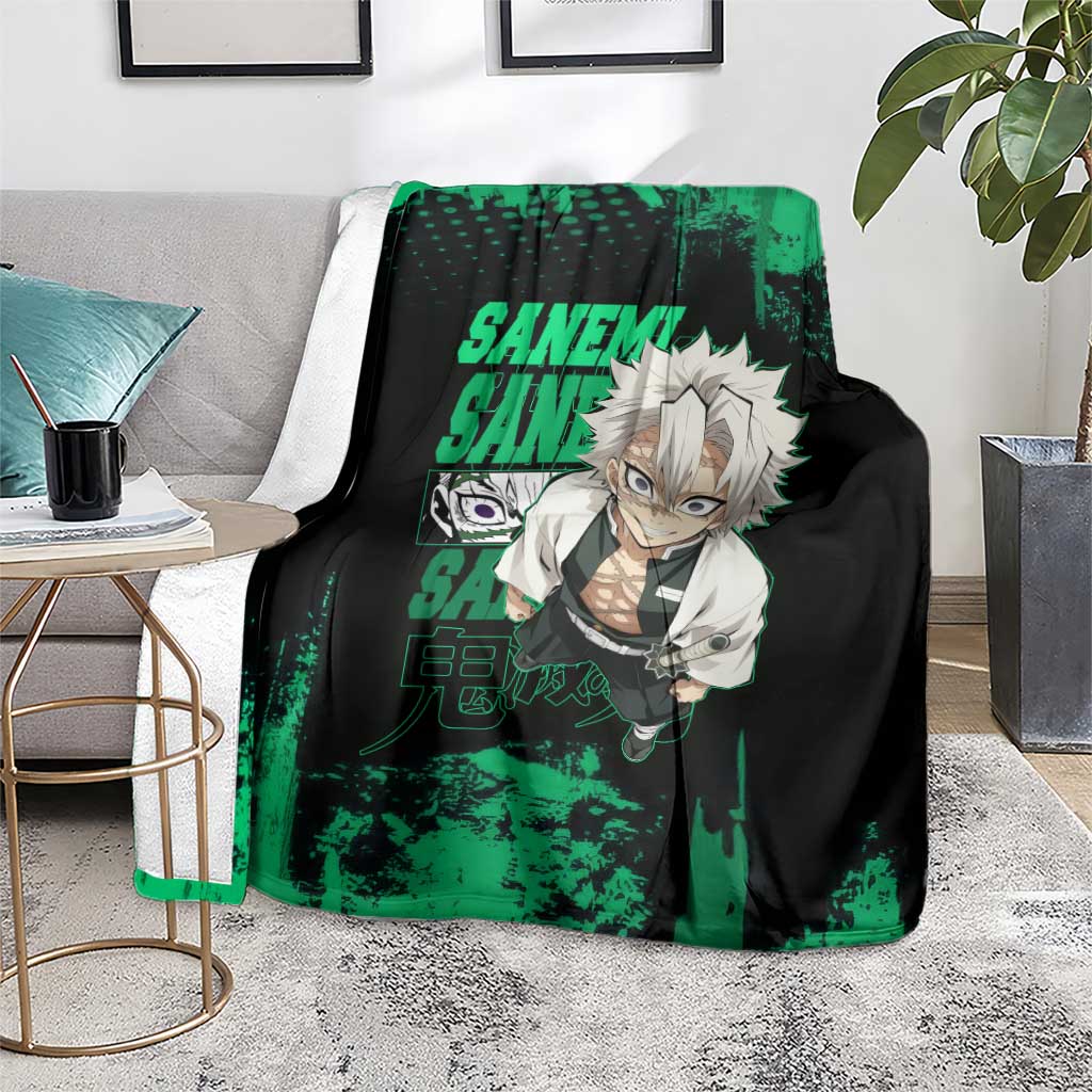Sanemi Shinazugawa Demon Slayer Green and Black Grunge Blanket Design with Intense Eyes and Wind Hashira Theme - The Mazicc