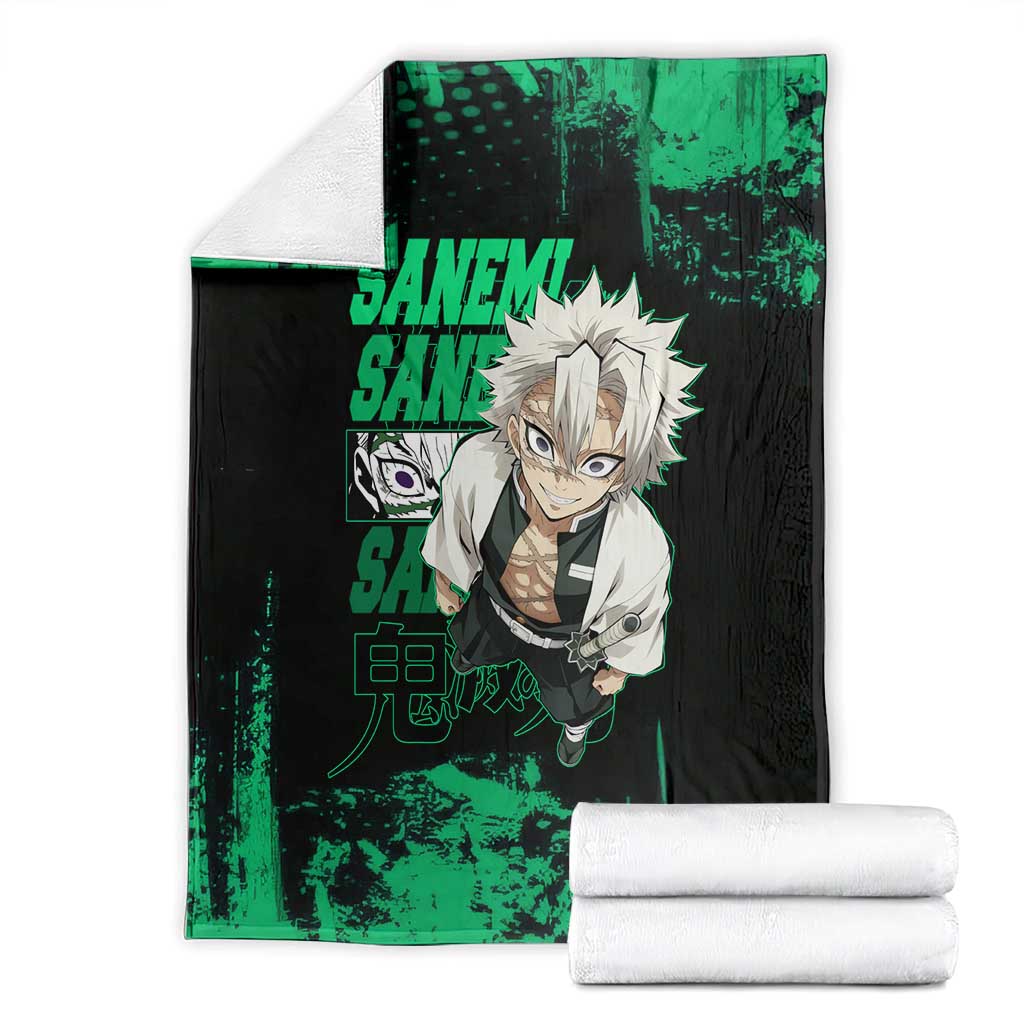 Sanemi Shinazugawa Demon Slayer Green and Black Grunge Blanket Design with Intense Eyes and Wind Hashira Theme - The Mazicc