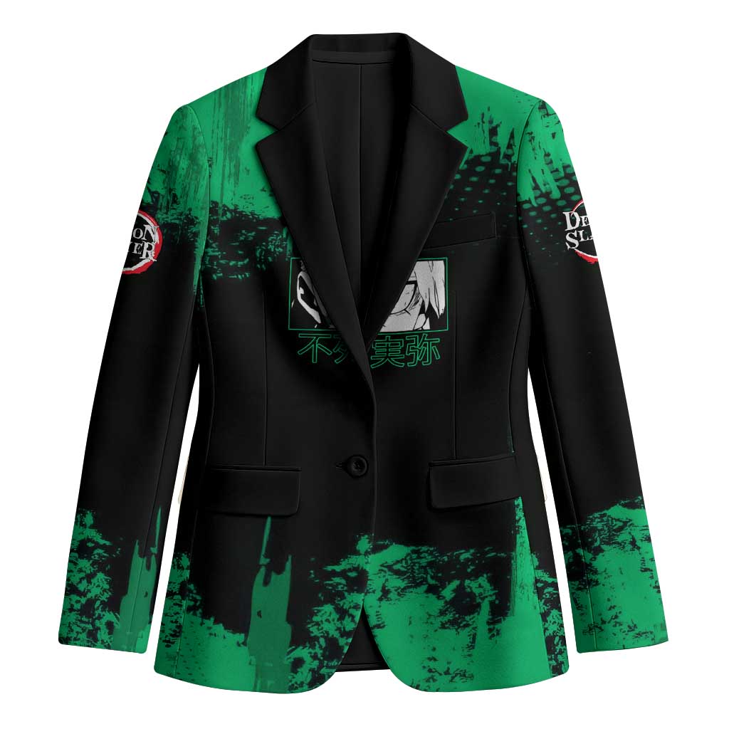Sanemi Shinazugawa Demon Slayer Green and Black Grunge Blazer Design with Intense Eyes and Wind Hashira Theme - The Mazicc