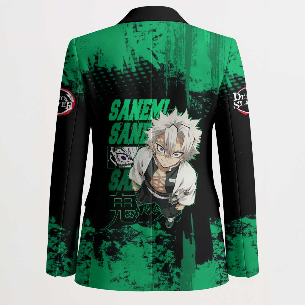 Sanemi Shinazugawa Demon Slayer Green and Black Grunge Blazer Design with Intense Eyes and Wind Hashira Theme - The Mazicc