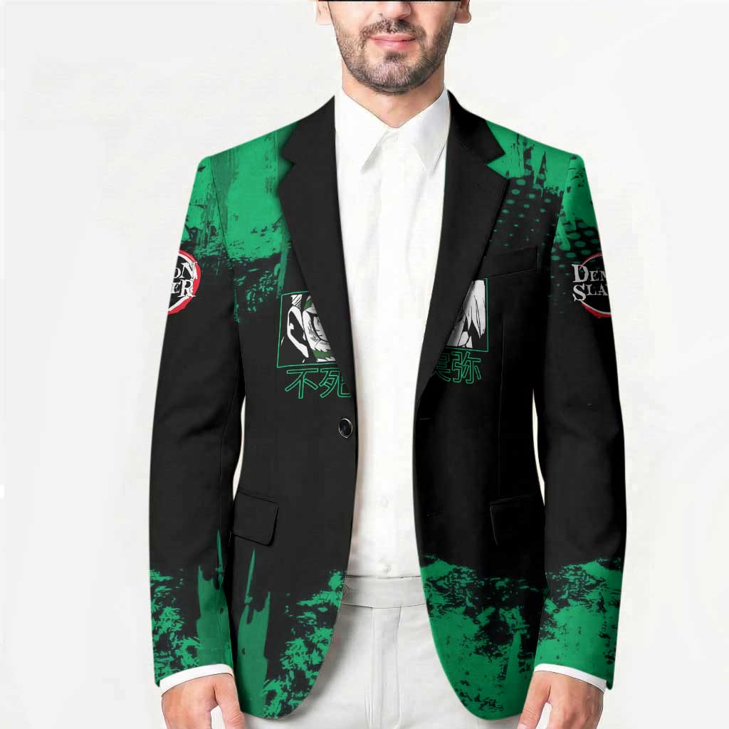 Sanemi Shinazugawa Demon Slayer Green and Black Grunge Blazer Design with Intense Eyes and Wind Hashira Theme - The Mazicc