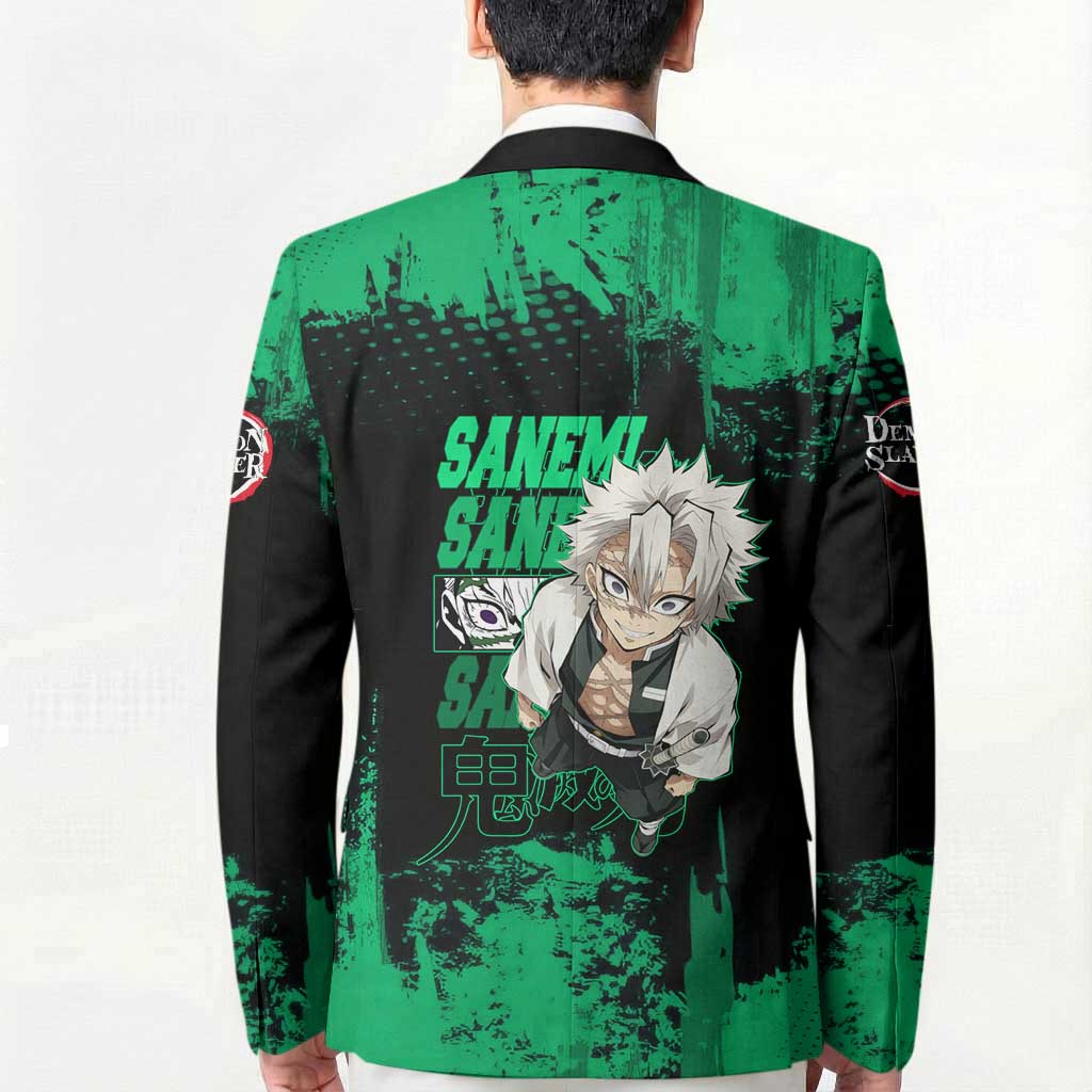 Sanemi Shinazugawa Demon Slayer Green and Black Grunge Blazer Design with Intense Eyes and Wind Hashira Theme - The Mazicc