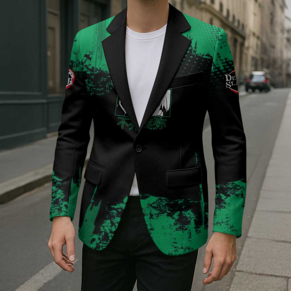 Sanemi Shinazugawa Demon Slayer Green and Black Grunge Blazer Design with Intense Eyes and Wind Hashira Theme - The Mazicc