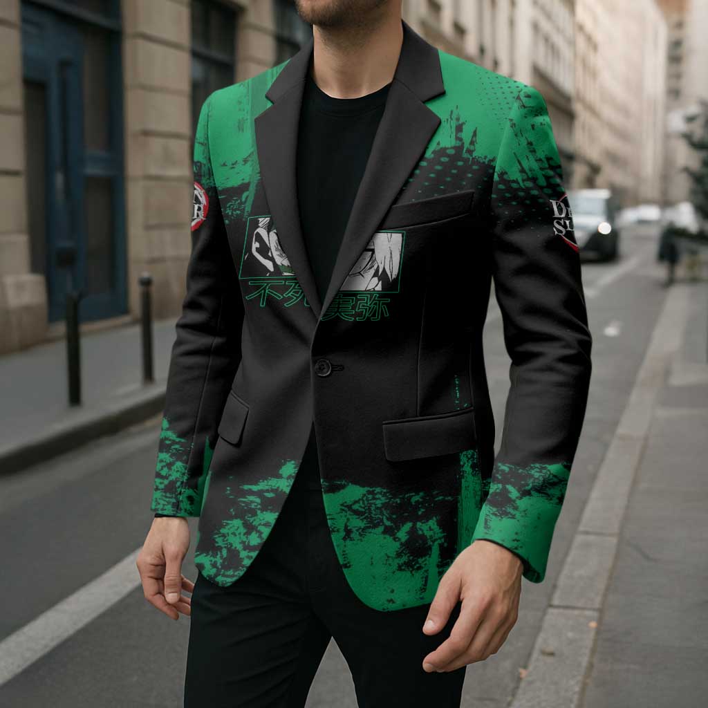 Sanemi Shinazugawa Demon Slayer Green and Black Grunge Blazer Design with Intense Eyes and Wind Hashira Theme - The Mazicc