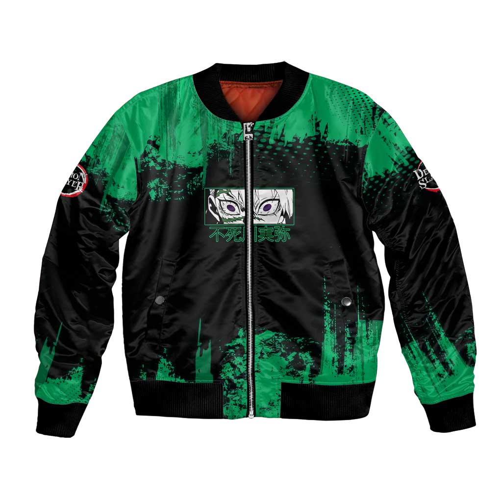 Sanemi Shinazugawa Demon Slayer Green and Black Grunge Bomber Jacket Design with Intense Eyes and Wind Hashira Theme - The Mazicc