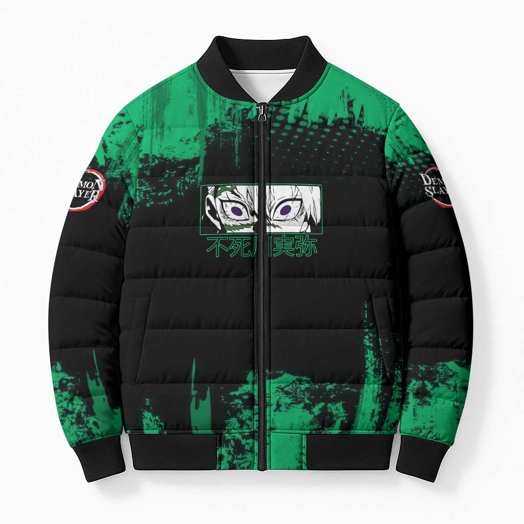 Sanemi Shinazugawa Demon Slayer Green and Black Grunge Bomber Puffer Jacket Design with Intense Eyes and Wind Hashira Theme - The Mazicc