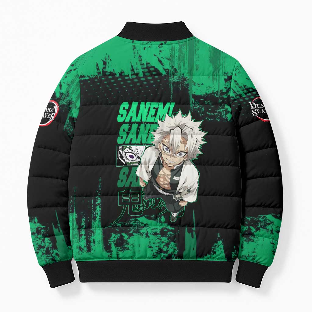 Sanemi Shinazugawa Demon Slayer Green and Black Grunge Bomber Puffer Jacket Design with Intense Eyes and Wind Hashira Theme - The Mazicc