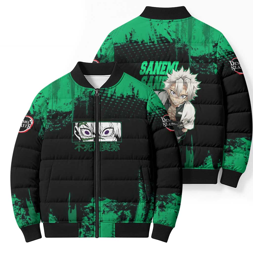 Sanemi Shinazugawa Demon Slayer Green and Black Grunge Bomber Puffer Jacket Design with Intense Eyes and Wind Hashira Theme - The Mazicc